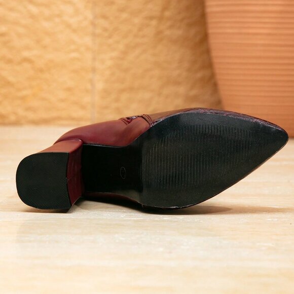 Burgundy Pointed Toe Women's crocodile print Chunky Heel Knee-High Dress Boots - Picture 6 of 6